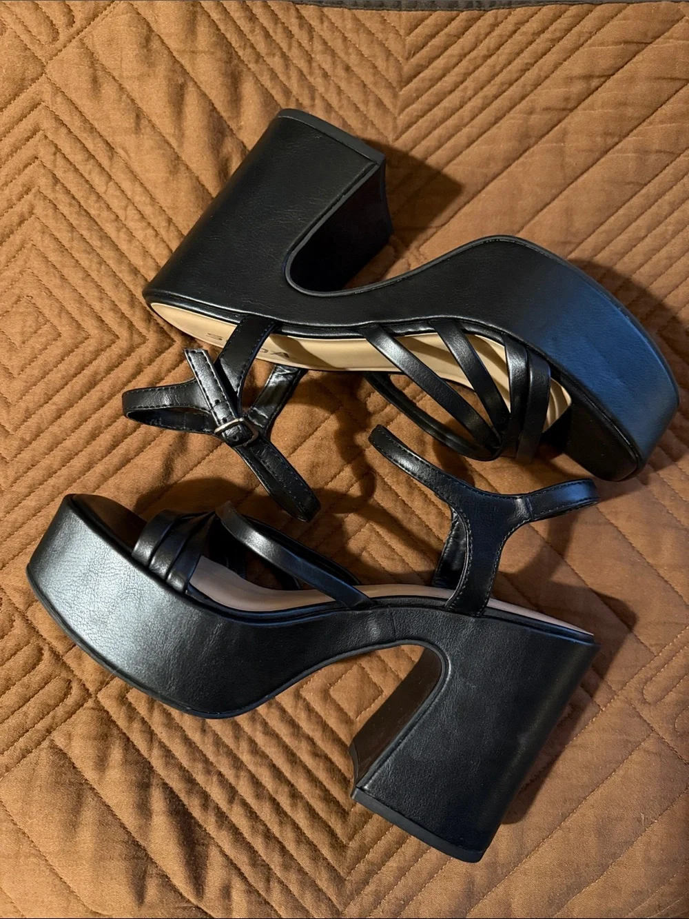 Soda Black Strappy Platform Block Heels
